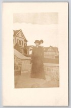 RPPC Pretty Edwardian Lady Posing With Tudor Style Homes Real Photo Postcard Q21 - £6.23 GBP