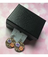 Earrings, round-shaped, Hand-painted Flower, Rhinestone, silver-plated ear - $300.01 MXN