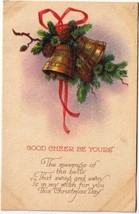 Christmas Postcard Golden Bells Pine Cones Ribbon Good Cheer VINTAGE Mad... - £2.37 GBP