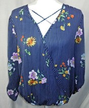 Midnight Sky Women&#39;s size Large Top Floral Blouse Shirt Navy Blue Stripe... - $8.79