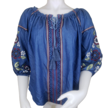 Embroidered Denim Peasant Top Womens S Off Shoulder Cowgirl Up 3/4 Sleev... - $20.56