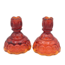 LE SMITH moon &amp; stars amberina cadmium candlestick holders - 4.5&quot; UV glow vtg - £21.60 GBP