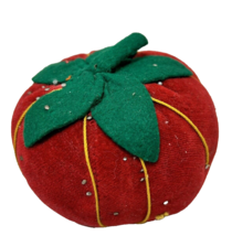 Vintage Large Tomato Velvet Pin Cushion with Vintage Pins 3 x 3&quot; Red Gre... - $15.62