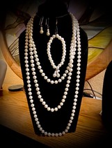 Lightwt White Faux Pearls, 2 Strands w/handcrafted Stretch Bracelet &amp; Ea... - $18.00