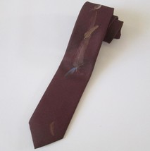Vintage Wemlon Printed Brushed Feathers Men Tie Wembley Maroon Necktie - £17.79 GBP