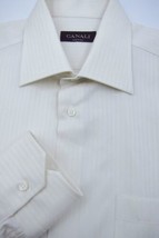 NEW $325 Canali White With Fine Ecru Stripes Man&#39;s Dress Shirt 16x36 Italy - £179.84 GBP