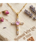 18K Gold Plated Cross Necklace with Pink Heart Stainless Steel Religious... - $23.99