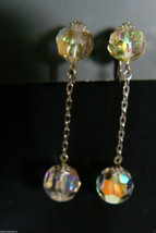 Vintage silvertone Auroral Borealis Charm Chain Drop Rhinestone clip Earrings - £13.37 GBP