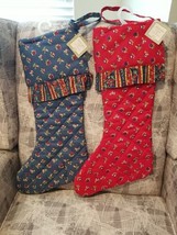 Pair Calico Floral Print Quilted Christmas Stockings Red &amp; Blue C.F. Ent... - $44.55