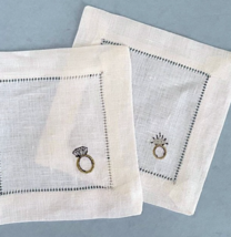 Sferra Embroidered Engagement Ring Design Linen Cocktail Napkins 6x6" SE... - $29.90