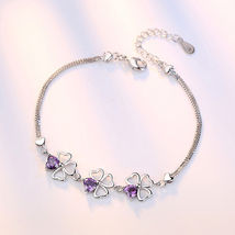 [Jewelry] Lucky 4 Leaves Purple Crystal 925 Silver Plated Bracelet for Woman - £6.73 GBP