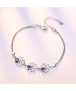 [Jewelry] Lucky 4 Leaves Purple Crystal 925 Silver Plated Bracelet for W... - £6.78 GBP