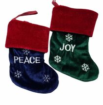 Embroidered Christmas Stocking Pair PEACE JOY Velvet Ornament 6 1/2” - $14.29 CAD