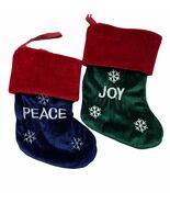 Embroidered Christmas Stocking Pair PEACE JOY Velvet Ornament 6 1/2” - $14.29 CAD