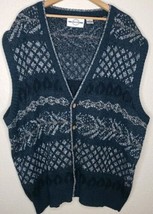 Vtg Piccadilly Sweater Men 2X Blue Fair Isle Cardigan Vest Knit Grandpa Preppy - $23.33