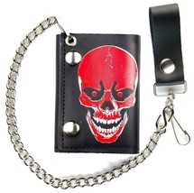 Large Red Skull Head Trifold Motorcycle Biker Wallet W Chain Mens Leather #563 - £7.44 GBP