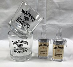 2 Jack Daniels Tennessee Honey Whiskey Glasses + 2 Hanging Bottle Shaped... - £27.14 GBP