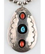 Silver Navajo Shadow Box Pendant w/ Turquoise and Coral Cabochons &amp; silv... - €633,51 EUR