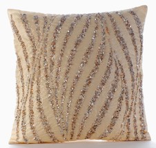 Wave Of Gold, 16&quot;x16&quot; Art Silk Beige Decorative Pillow Cover - £25.25 GBP+