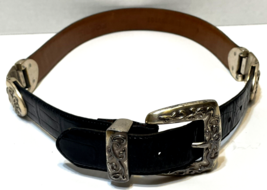 VTG Fossil Womens Dark Black Leather Belt Metal Accents Size Medium 36 x 1.25&quot; - £13.08 GBP