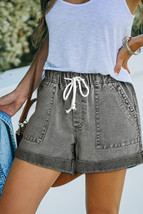 Gray Pocketed Drawstring Elastic Waistband Denim Shorts - $341.93 MXN