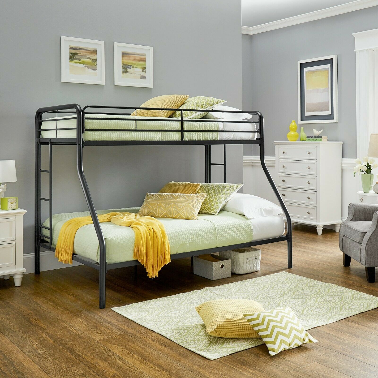 Bunk Bed Twin over Full Two Ladder Metal Kids Bed Room Furniture Black New - $288.08