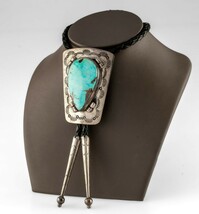 Argento Sterling Trapezoidale Placca Turchese Bolo Cravatta Con Intrecci... - $827.92
