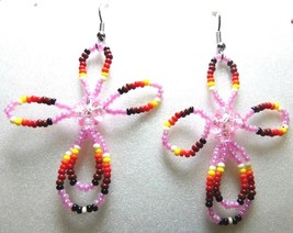 Native American Glass Beaded CROSS Dangle Earrings Hoop LIGHT PINK Semin... - £19.91 GBP