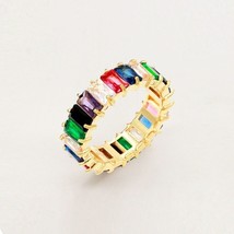 Colorful Gold Size 9 Baguette Crystal Cocktail Ring Fashion Statement Jewelry - £23.35 GBP