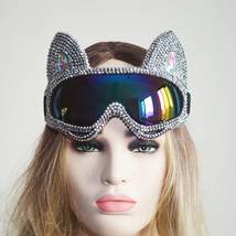 Burning Man Holographic Rhinestone Silver Cat Goggle Festival Costume He... - $88.00+