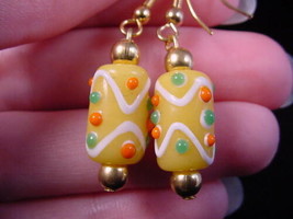 (EE-504-40) YELLOW with white swirls DOT glass dangle earrings lampwork SPOTTED - £9.74 GBP