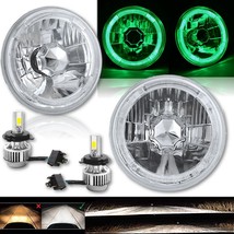 5-3/4 Green LED Halo Angel Eye Crystal Clear Headlight w/ 6k LED Light Bulb Pair - £98.26 GBP