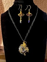 OOAK Handcrafted Neon Gold Tone Wire Wrapped Pendant Necklace and Earrings Set - £15.73 GBP