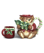 Fitz and Floyd Snack Therapy Christmas Bear Teapot Hat Cup Lid Cocoa for One - $28.70