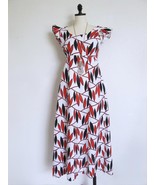 Vintage 60s Mod Print Maxi Dress XS Black Red Sleeveless Ruffle Pleated ... - $33.90 CAD