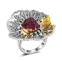Natural Stone Vintage Big Women Ring Antique Silver Color Fashion Red Crystal Bu - £9.52 GBP