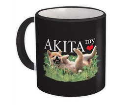 Akita My Love Playing : Gift Mug Dog Pet Animal Cute Field - £12.50 GBP