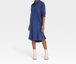 Universal Thread Women&#39;s Long Sleeve Button-Down Shirtdress Navy Blue Si... - £27.06 GBP