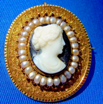 Antique Memento mori Brooch Victorian 14k Deco Pendant Onyx Cameo Pearls - £2,610.14 GBP