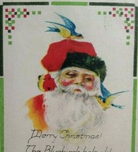 Christmas Postcard Santa With Bluebird On Hat Original Vintage Lewiston Maine - £14.27 GBP