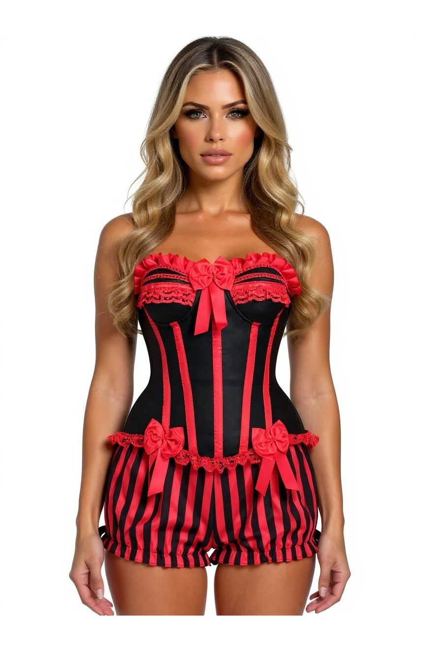 Top Drawer 2 PC Red/Black Striped Burlesque Steel Boned Corset &amp; Bloomer... - $195.00