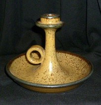 Signed Finger Loop Candle Stick Holder Stoneware Pottery Mustard Glaze 4 1/2&quot; - £27.18 GBP