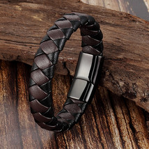 Trendy Men Jewelry Red Braided Leather Rope Bracelet Black Magnetic Buckle Brace - £12.08 GBP