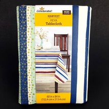 Harvest Peva Tablecloth Stripe Blue Beige Gold Dots 60x84&quot; Way To Celebrate - $15.39