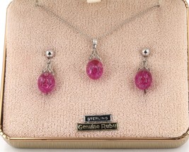 Vintage Sterling Silver Floating Rubies Necklace &amp; Screwback Earrings Set - £39.90 GBP
