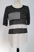 Vince S Black White Multi Linen Knit Stripe Short Sleeve Top - £27.63 GBP