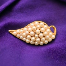 Faux Pearl Leaf Brooch Pin Gold Tone Ridged Edges Vintage Wing Textured  - £9.71 GBP