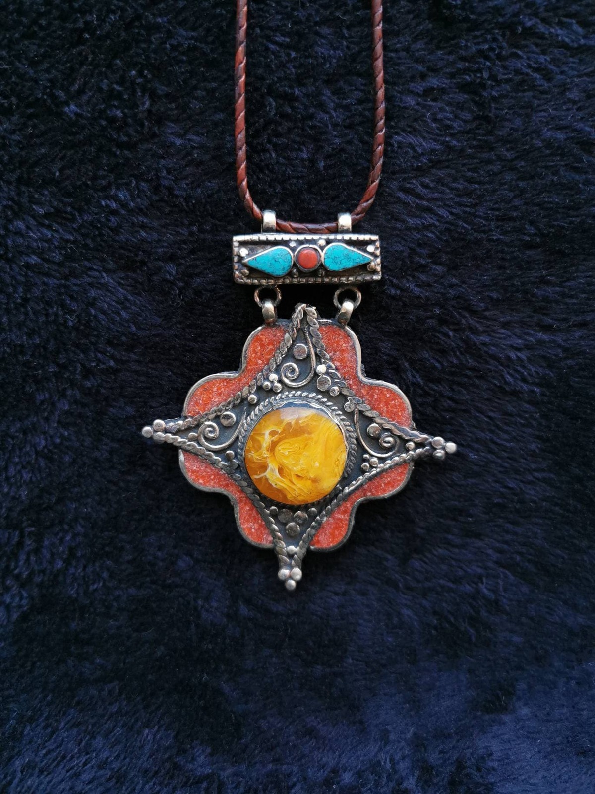 Vintage Ethnic Pendant, Berber Silver and Stones Pendant, Vintage Red and Orange - $95.00