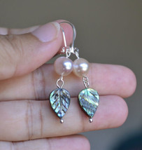 Handmade Abalone shell leaf freshwater pearl 925 Silver Earring - £14.38 GBP