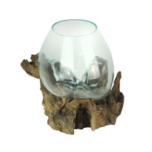 Large Molten Glass Sculptural Bowl Plant Terrarium On Natural Driftwood Base - £59.34 GBP